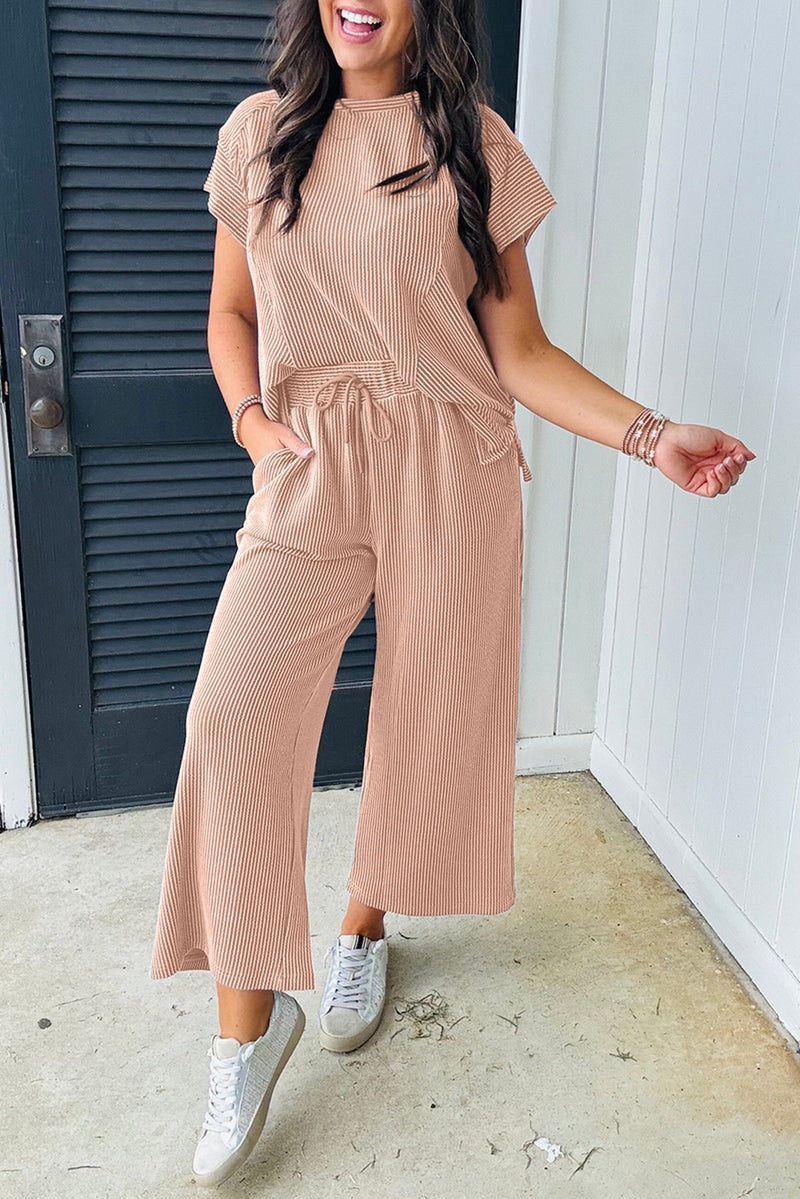 Smoke Gray Solid Corded Knit Short Sleeve T Shirt and Wide Leg Pants Set