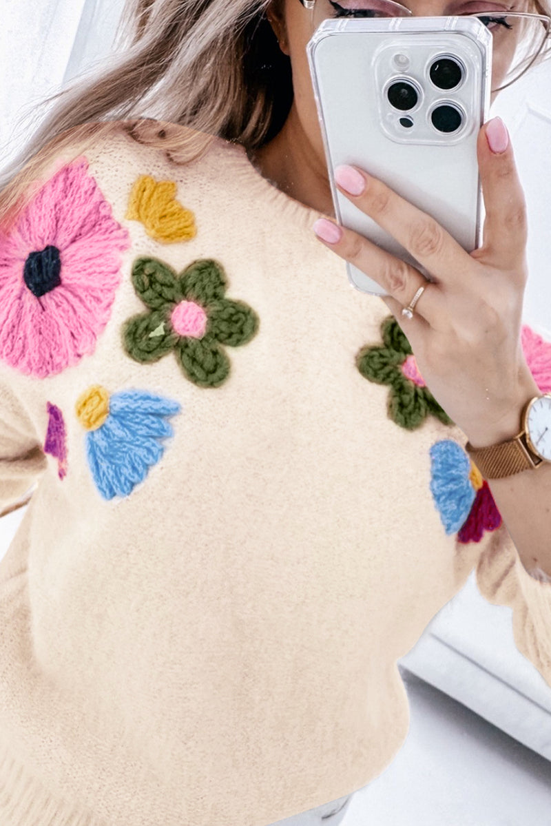 Beige Plus Size Crochet Flower Pullover Sweater