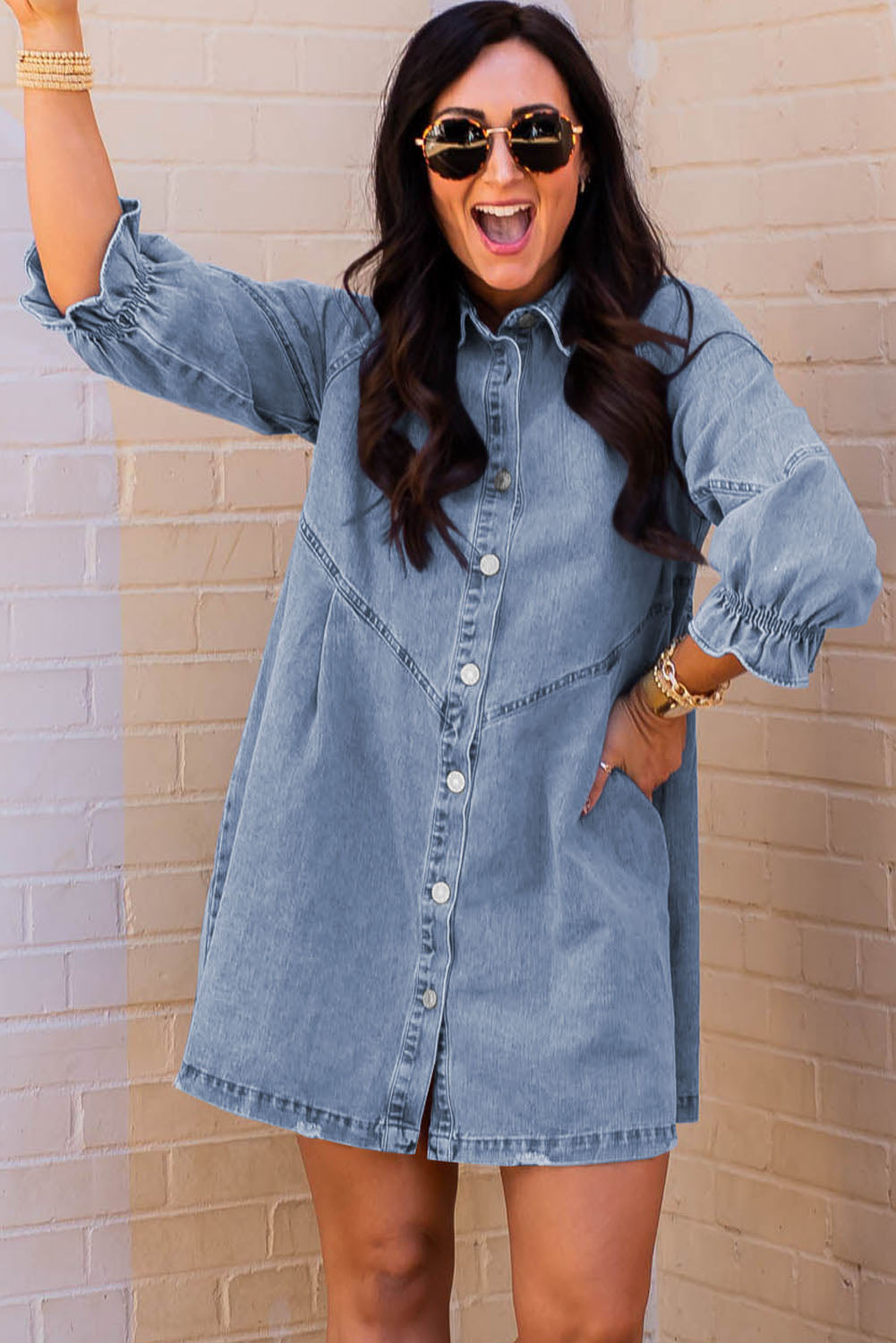 Gray Buttoned Long Sleeve Denim Mini Dress