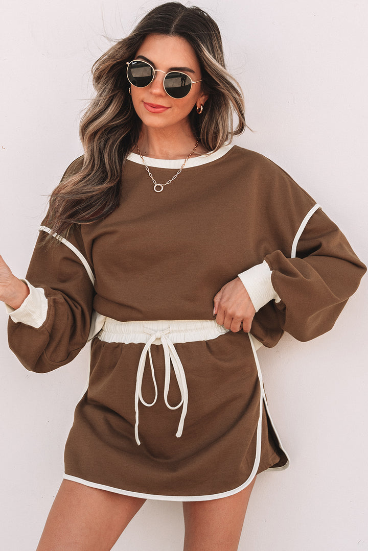 Coffee Color Contrast Loose Pullover and Lace-up Waist Skort Set