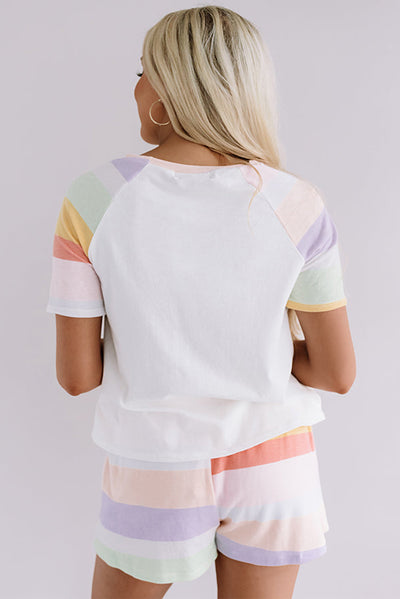 White Rainbow Striped T Shirt and Shorts Set