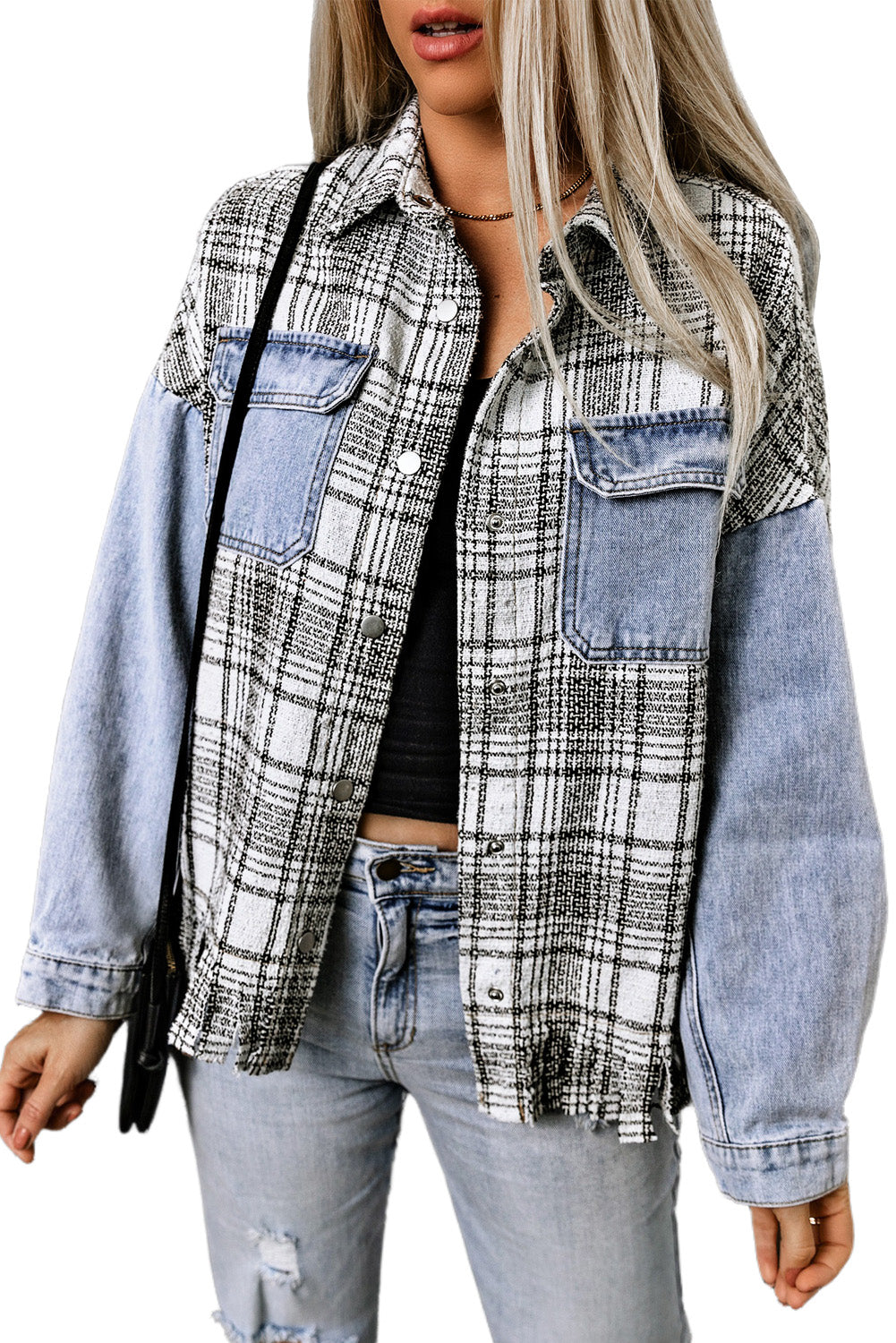 Sky Blue Plaid Patchwork Fringed Flap Pockets Denim Jacket