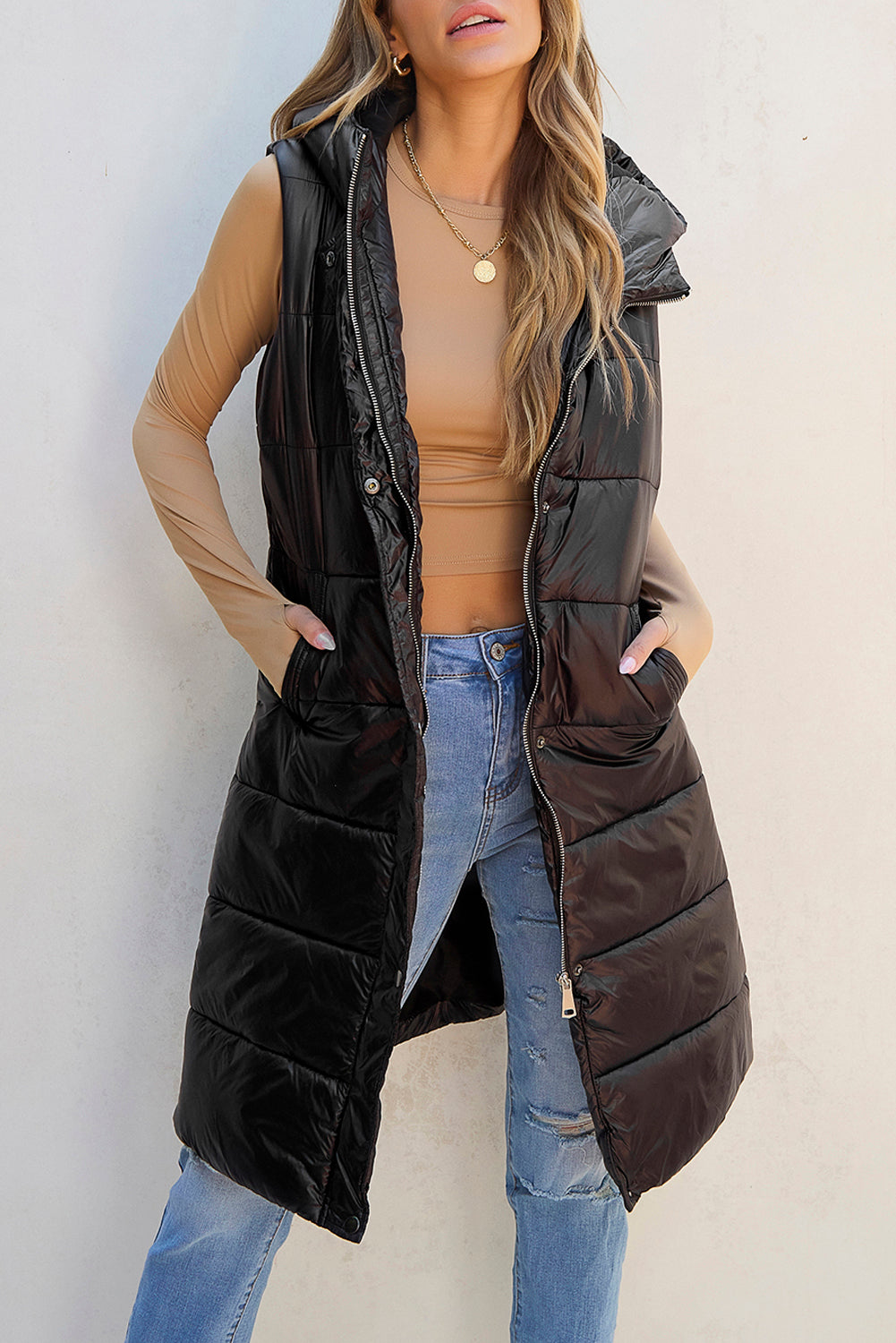 Dark Grey Hooded Long Quilted Vest Coat