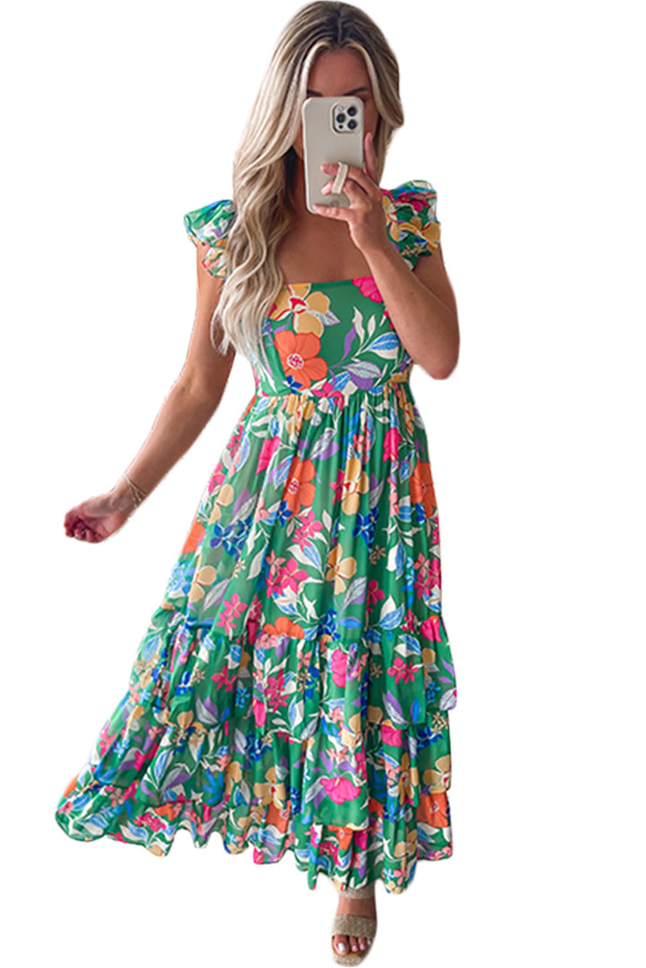 Green Floral Print Sleeveless Ruffle Tiered Maxi Dress