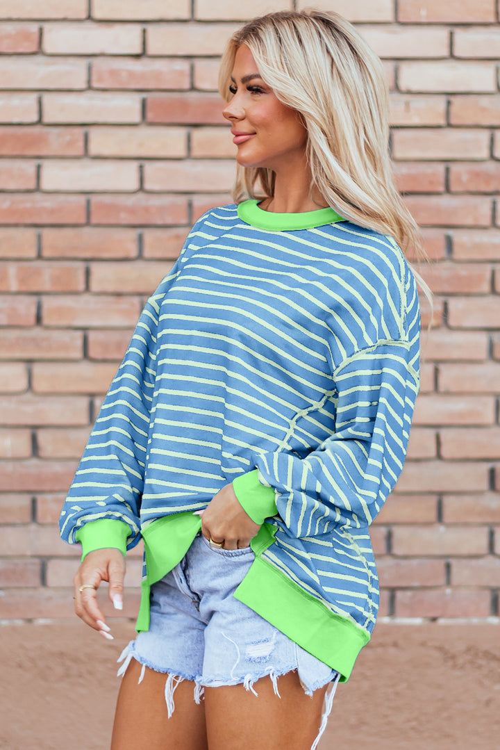 Pink Stripe Contrast Trim High Low Pullover Tunic Sweatshirt