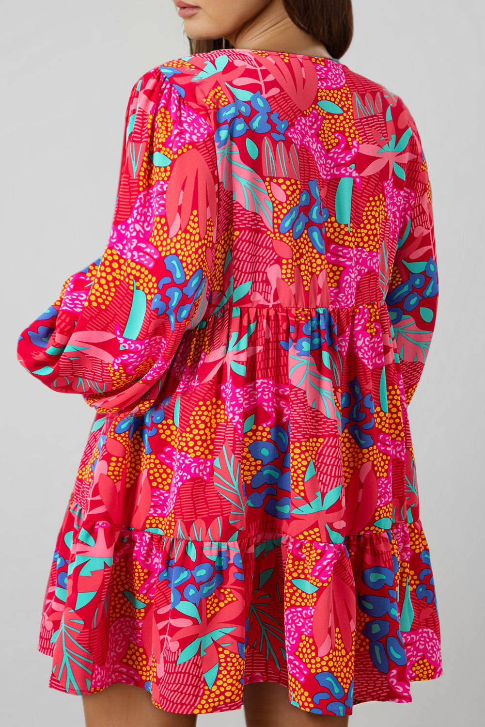 Rose Tropical Printed Lantern Sleeve V Neck Ruffled Plus Size Mini Dress