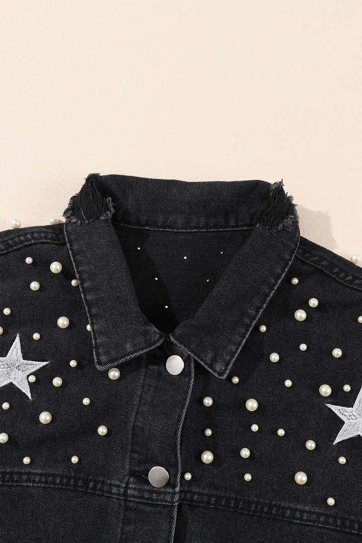 Black Distressed Pearls Star Cropped Denim Jacket