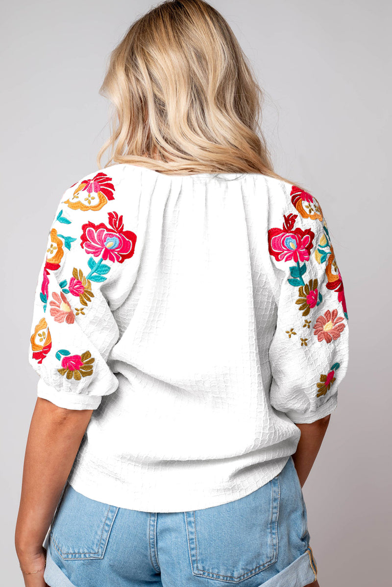 Black Floral Embroidered Ricrac Puff Sleeve Textured Blouse