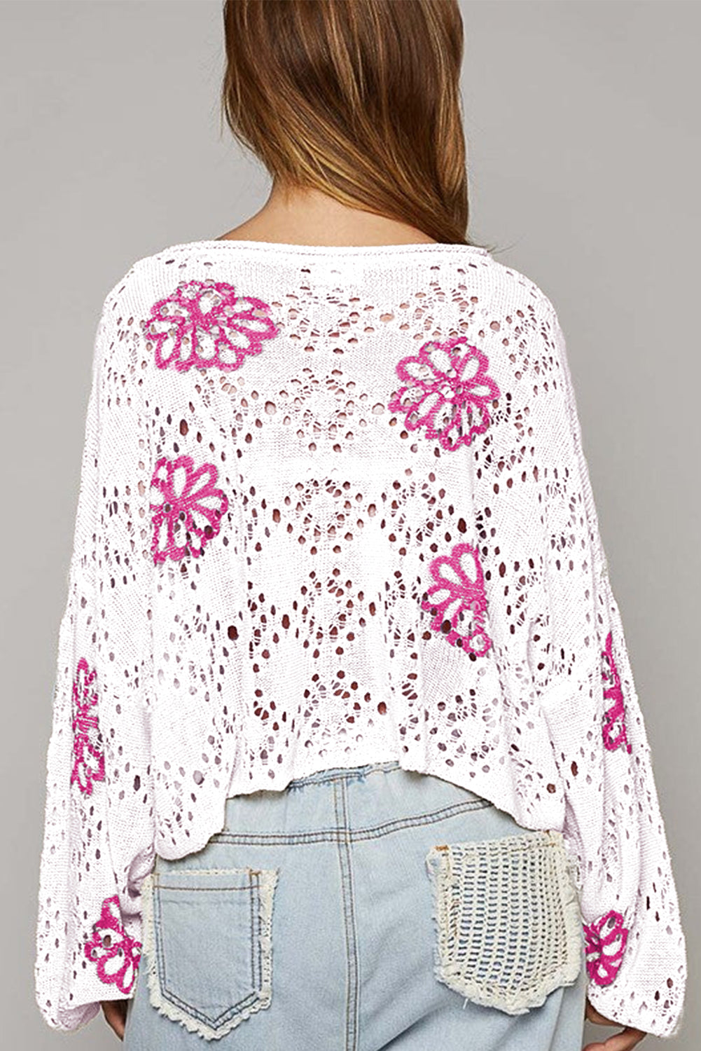 Beige Contrast Flower Print Eyelet Drop Shoulder Sweater