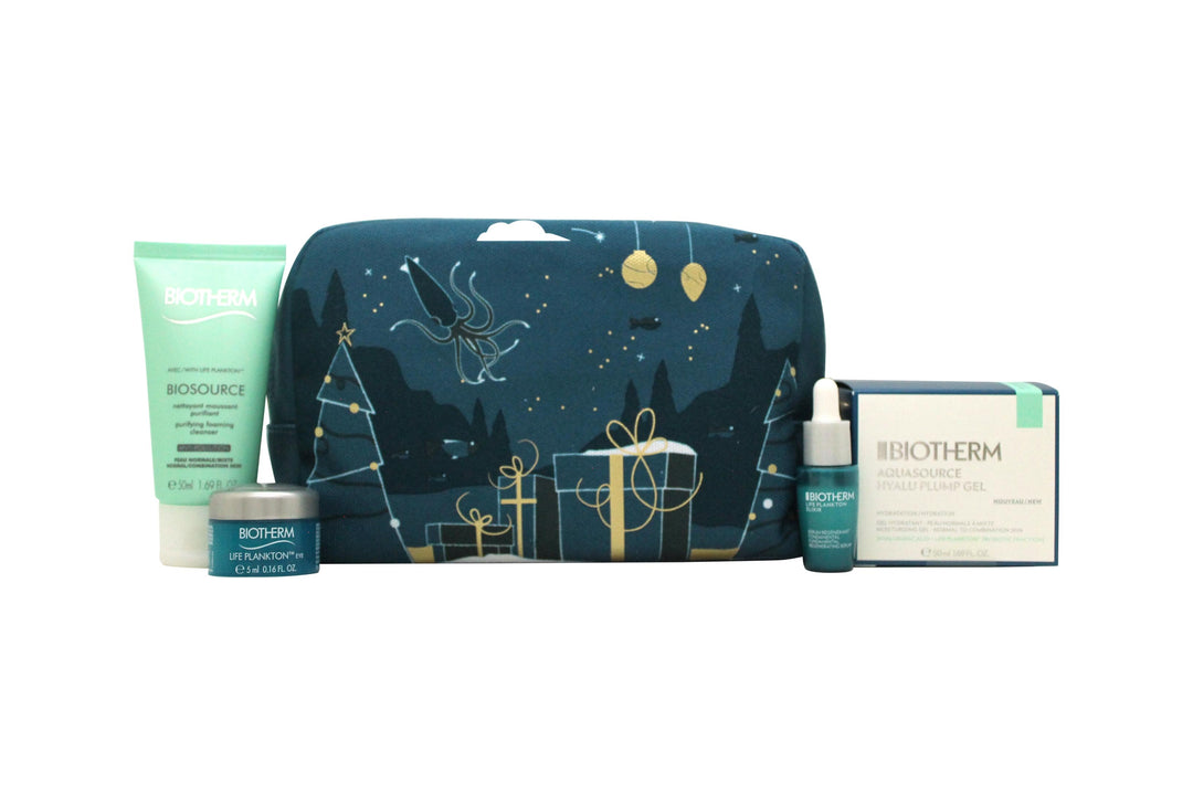 Biotherm Aquasource Gift Set 50ml Hyalu Plump Gel + 7ml Life Plankton Elixir + 50ml Biosource Purifying Foaming Cleanser+ 5ml Life Plankton Eye Cream + Pouch