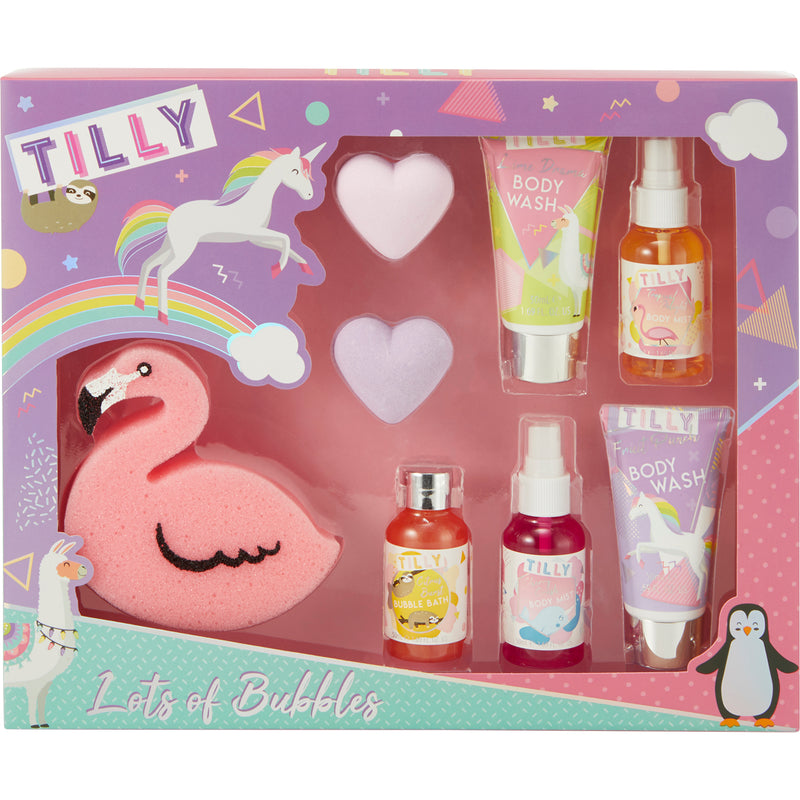 Tilly Blockbuster Gift Set 7 Pieces (2 x 25g Bath Fizzer2 x 50ml Body Mist1 x 50ml Bubble Bath2 x 50ml Body Wash1 x Flamingo Bath Sponge)