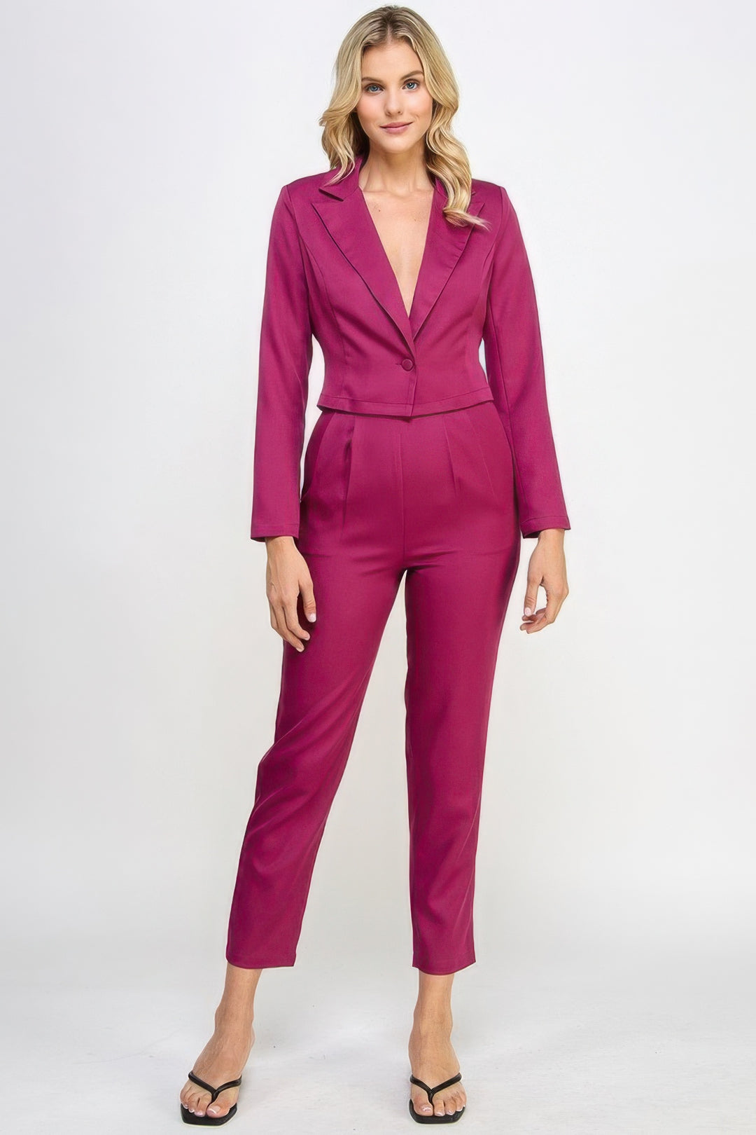 Single Button Crop Blazer With Tailored Pants Set