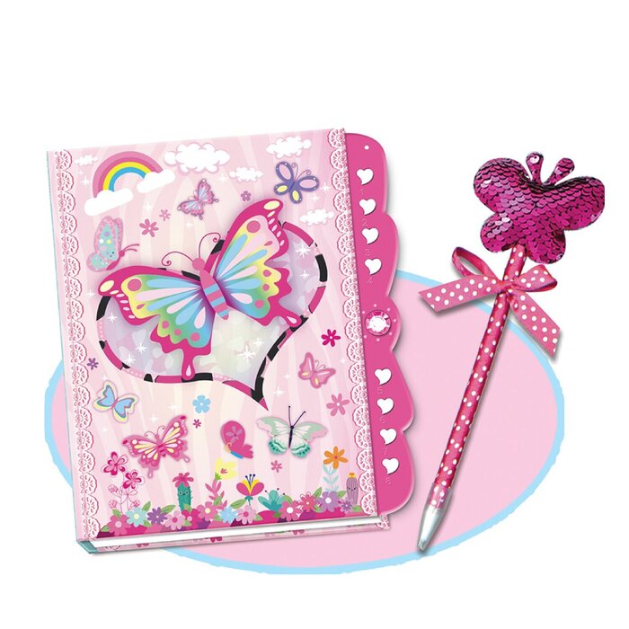 Secret Lock Journal & Pom Pom Pen Set - Butterfly - 21x24x4cm