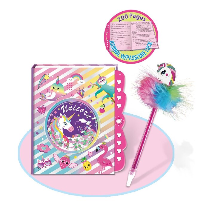 Secret Lock Journal & Pom Pom Pen Set - Unicorn - 21x24x4cm