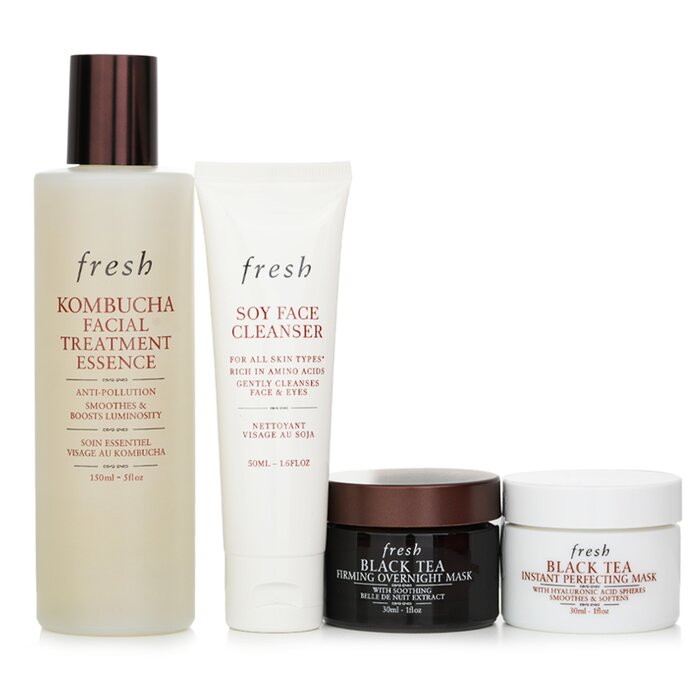 Black Tea Set: Soy Face Cleanser+kombucha F.t. Essence+instant Perfecting Mask+firming Overnight Mask - 4pcs