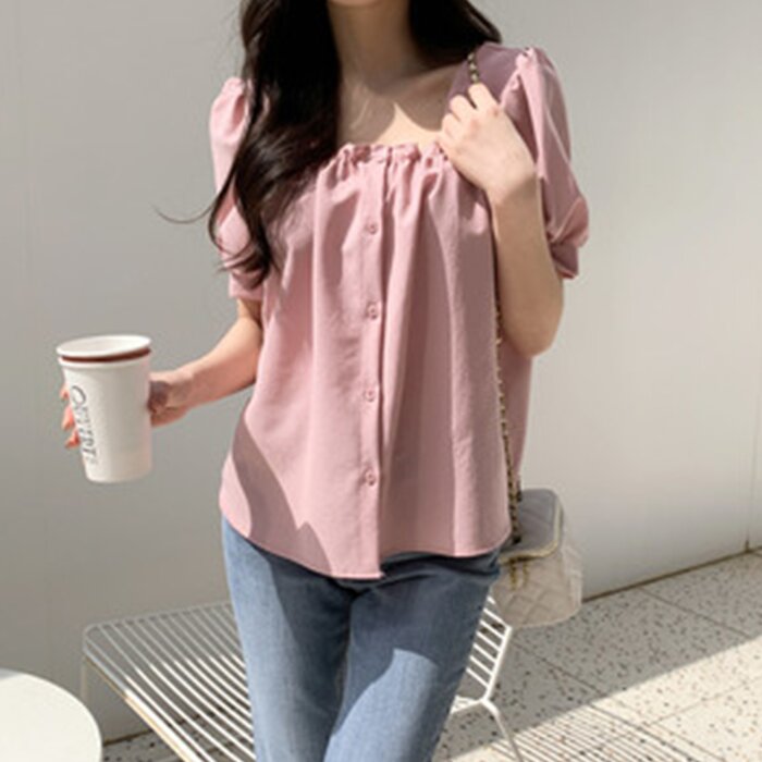 Square Neck Puff Sleeve Blouse - Free (XS-M)