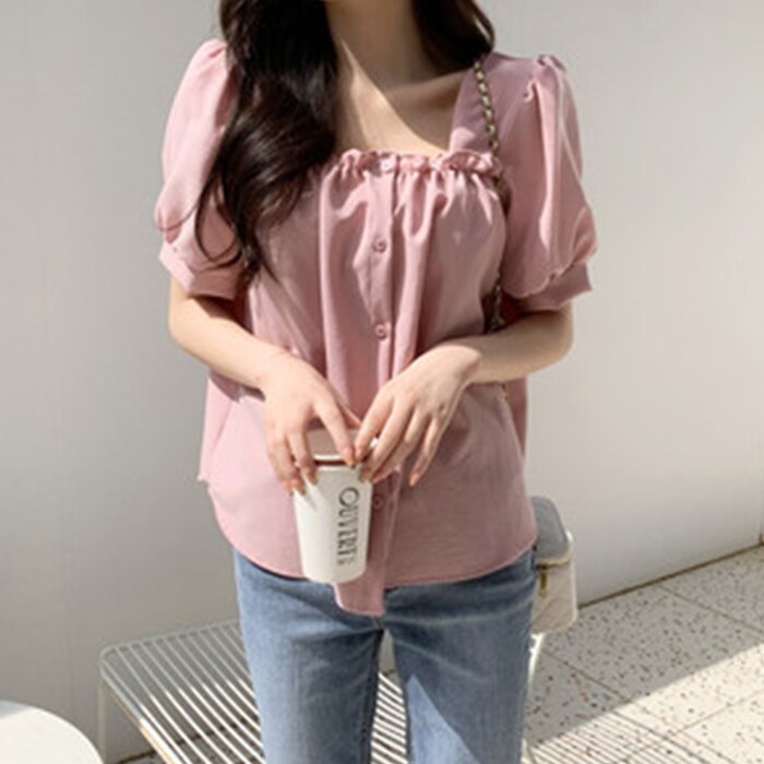 Square Neck Puff Sleeve Blouse - Free (XS-M)