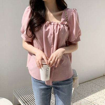 Square Neck Puff Sleeve Blouse - Free (XS-M)