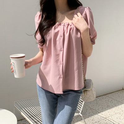 Square Neck Puff Sleeve Blouse - Free (XS-M)