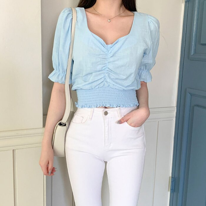 Shirring Puff Sleeve Crop Top - Free (XS-M)