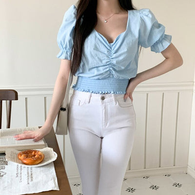 Shirring Puff Sleeve Crop Top - Free (XS-M)