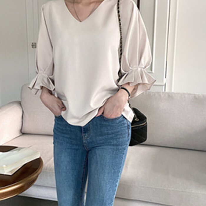 V-neck Loose Fit Ruffle Blouse - Free (XS-L)