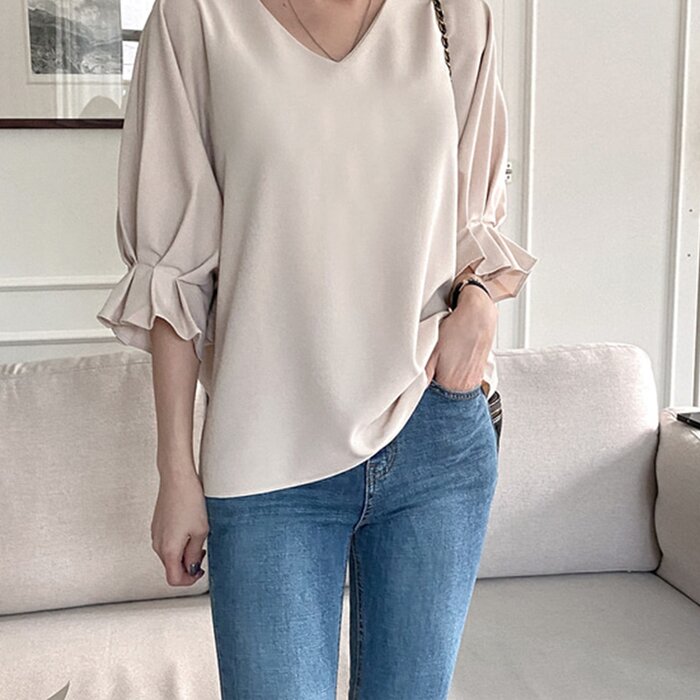 V-neck Loose Fit Ruffle Blouse - Free (XS-L)