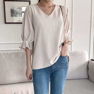 V-neck Loose Fit Ruffle Blouse - Free (XS-L)