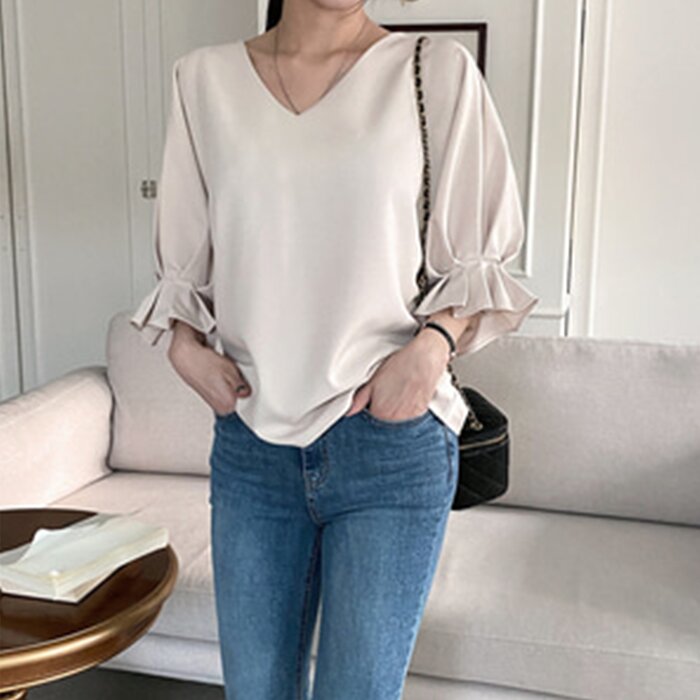 V-neck Loose Fit Ruffle Blouse - Free (XS-L)