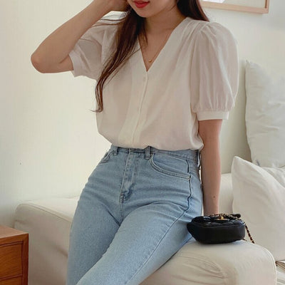 V-neck Puff Sleeve Blouse - Free (XS-M)