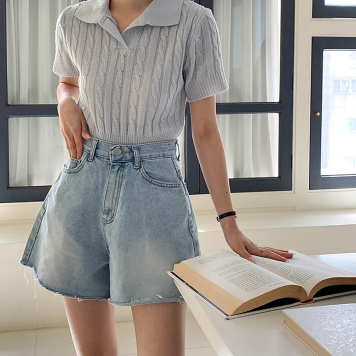 Twist Short Sleeve Collar Knitwear - Free (XS-M)