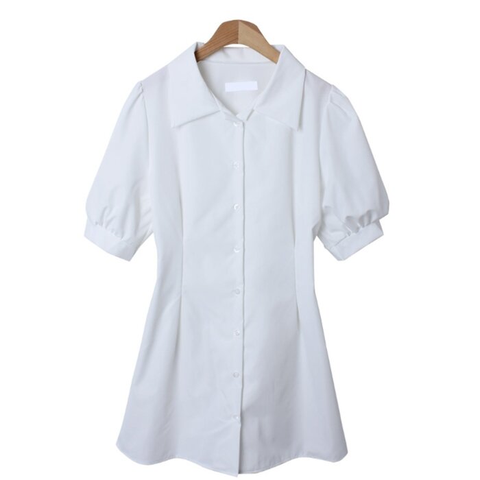 Puff Sleeve Button Front Collar Shirt Dress - Free (XS-M)