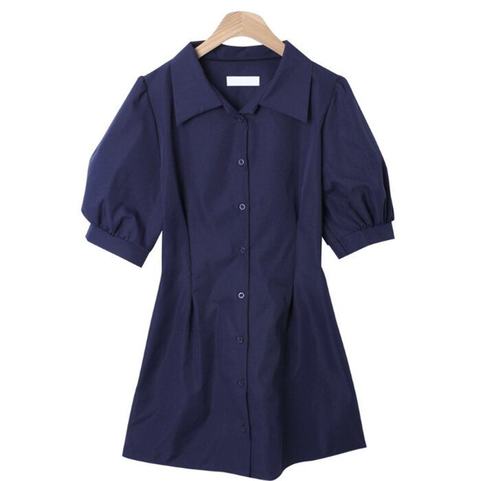 Puff Sleeve Button Front Collar Shirt Dress - Free (XS-M)