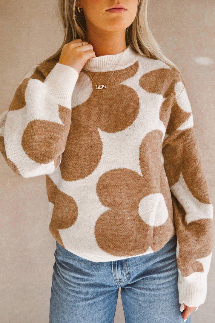 Khaki Big Flower Pattern Drop Shoulder Sweater