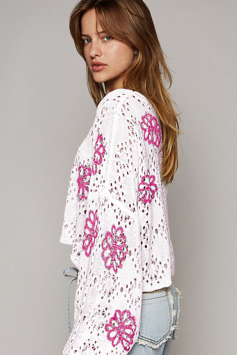 Beige Contrast Flower Print Eyelet Drop Shoulder Sweater