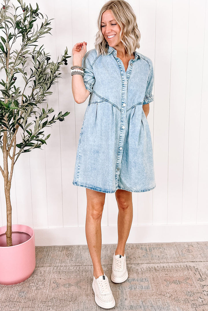 Medium Grey Mineral Wash Ruffled Short Sleeve Buttoned Denim Dress