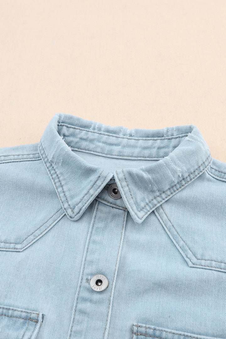 Sky Blue Flap Pocket Buttoned Raw Hem Denim Jacket