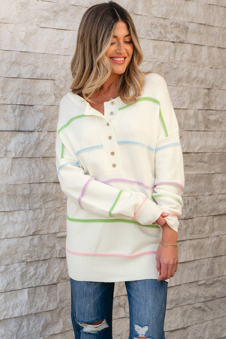 Pink Rainbow Stripes Drop Shoulder Baggy Henley Sweater