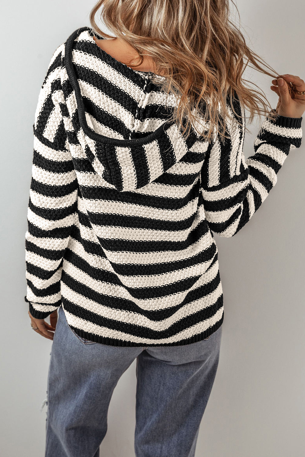 Blue Stripe V Neck Pocketed Drawstring Hooded Sweater