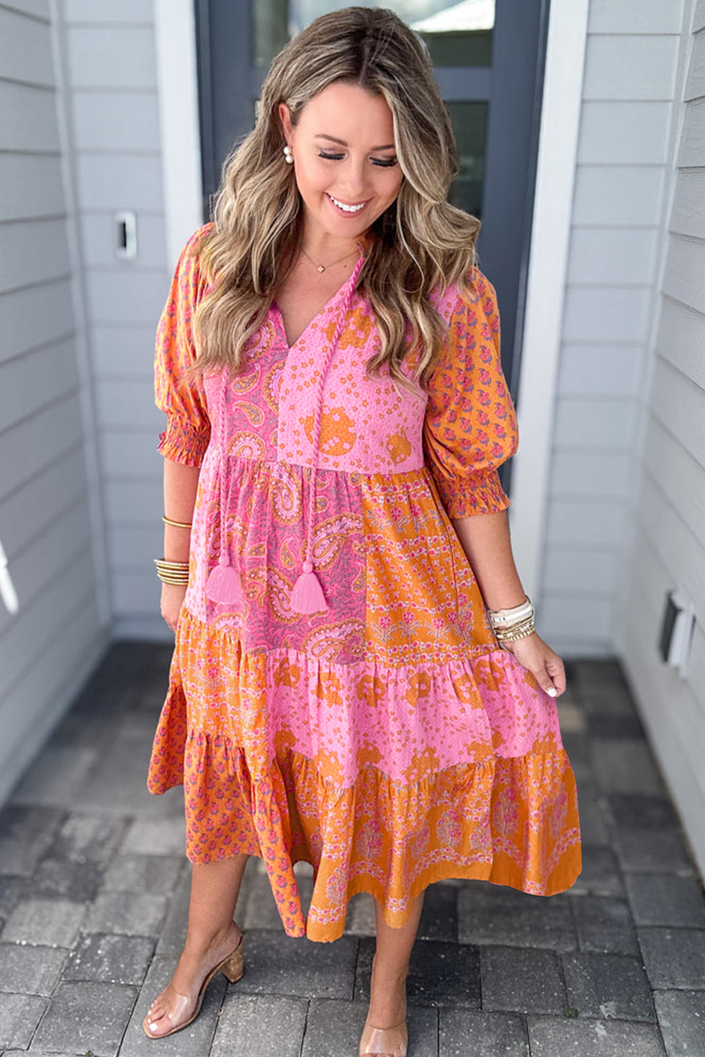 Pink Boho Paisley Floral Mixed Patchwork Tassel Tie Plus Size Midi Dress