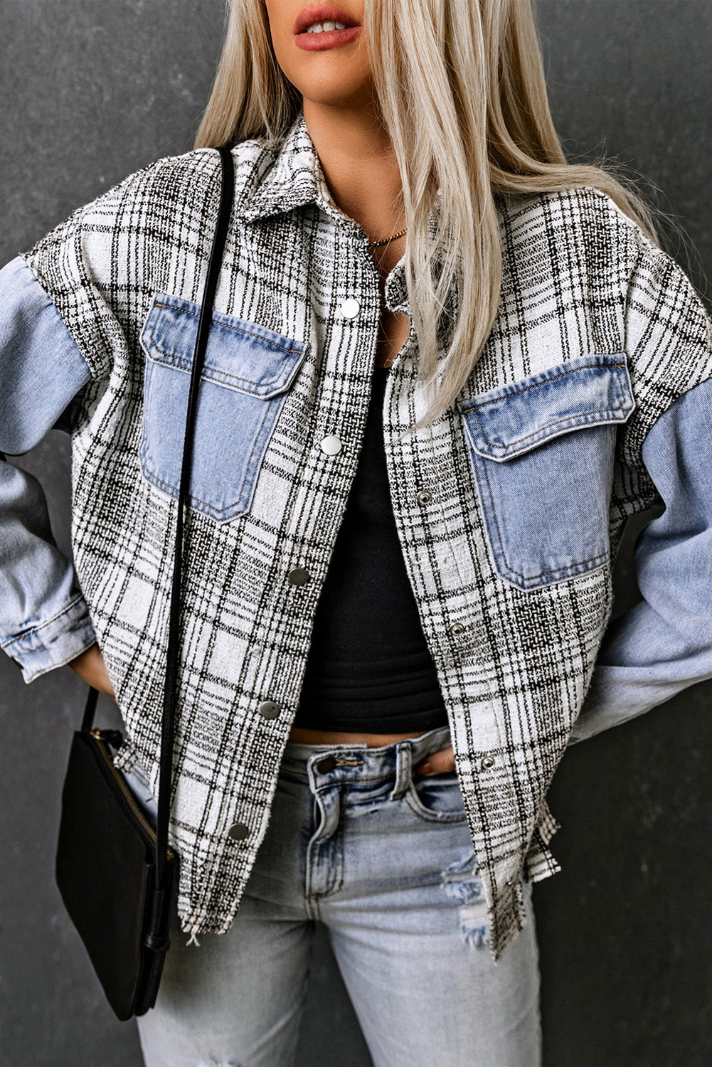 Sky Blue Plaid Patchwork Fringed Flap Pockets Denim Jacket