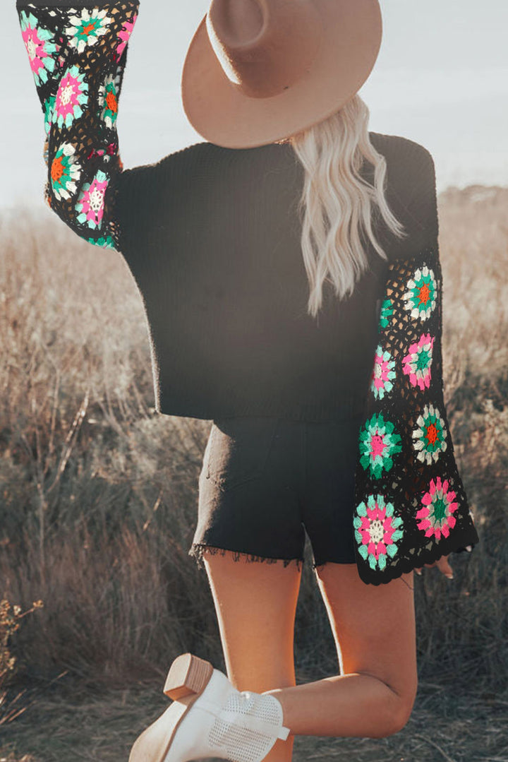 Black Floral Crochet Bell Sleeve Loose Sweater