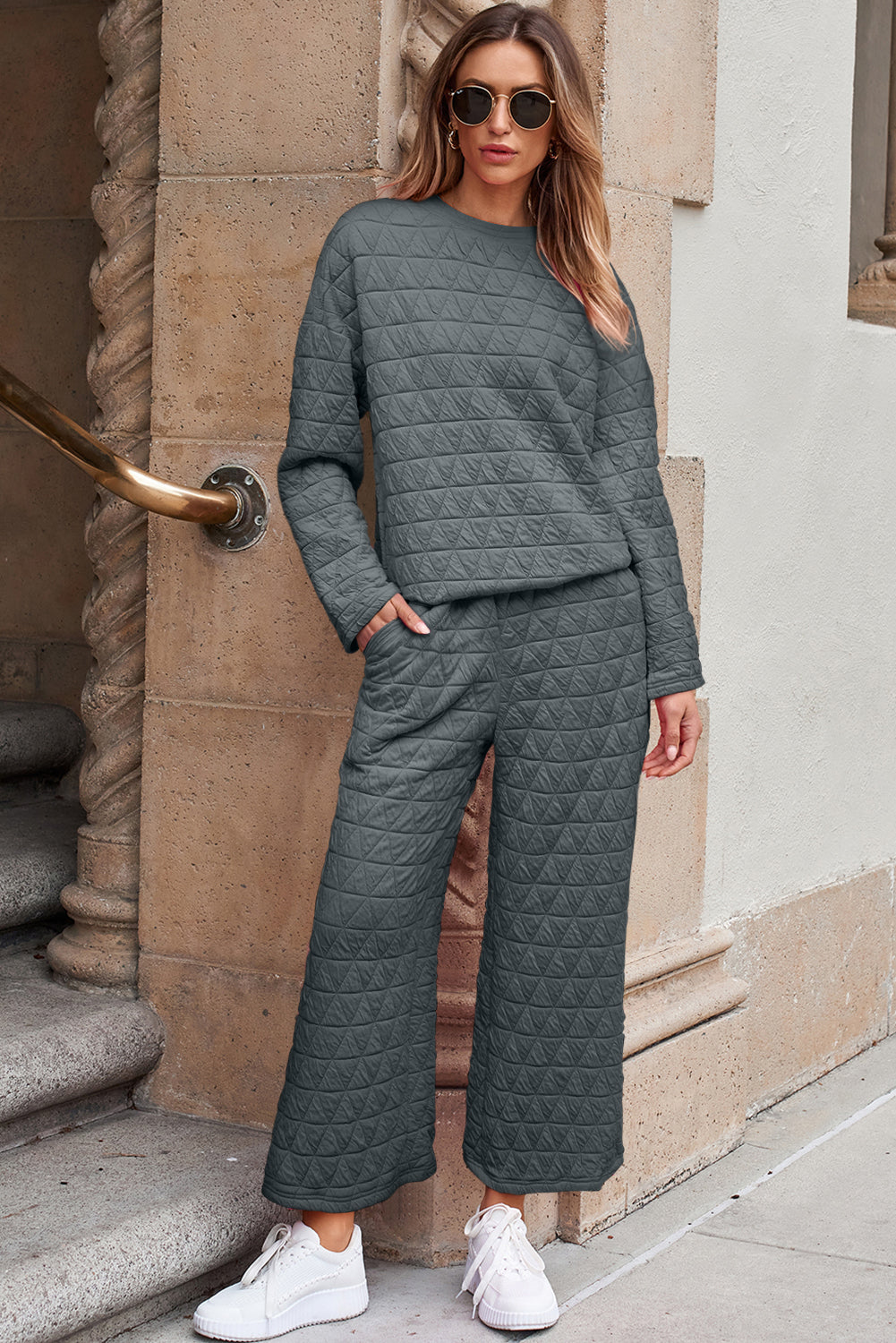 Black Solid Quilted Pullover and Pants Outfit