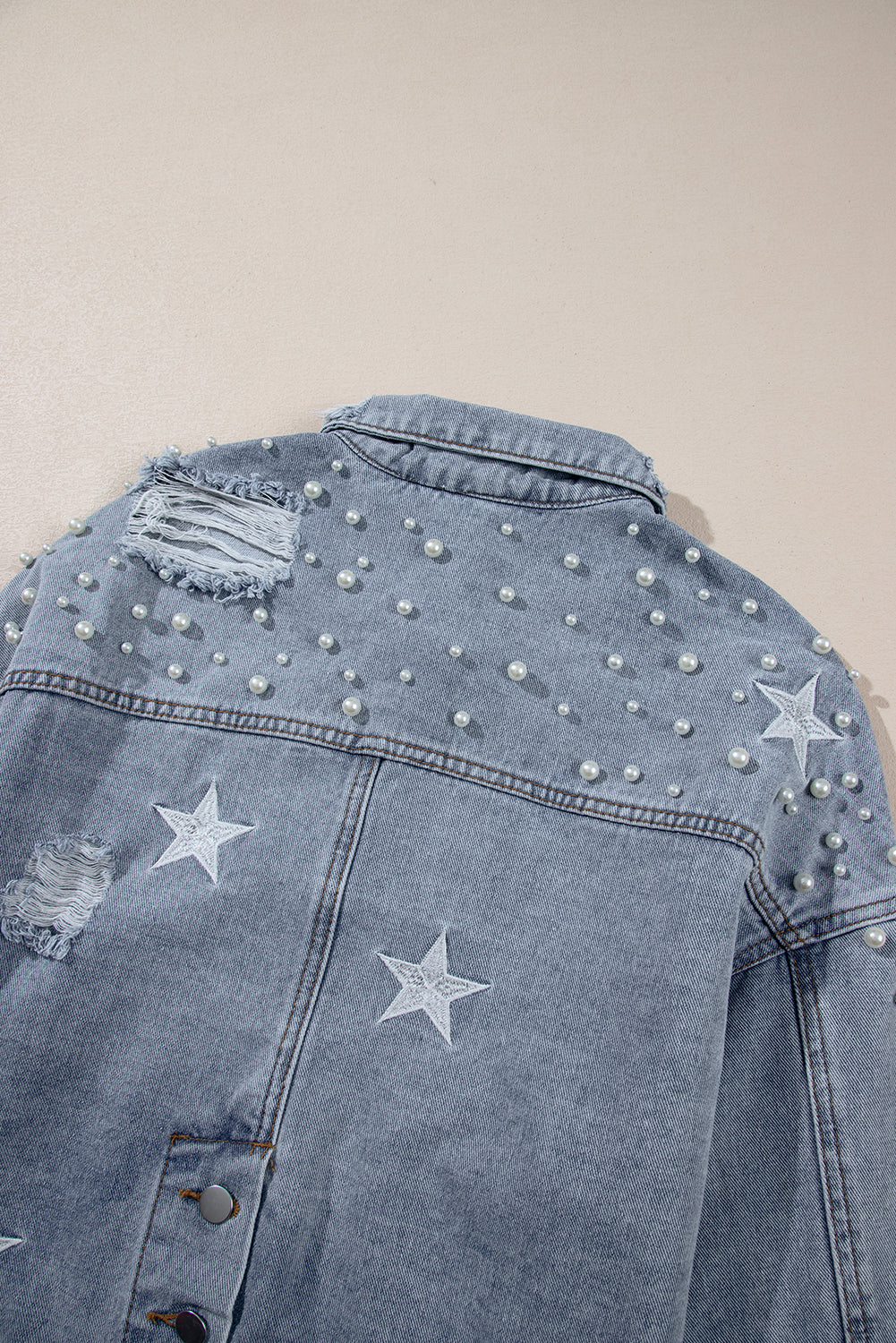 Black Distressed Pearls Star Cropped Denim Jacket