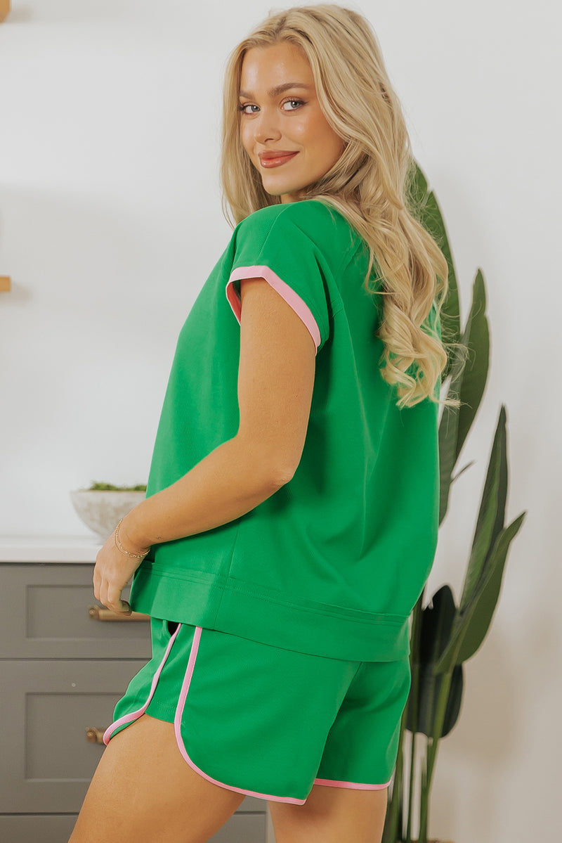 Bright Green Two Tone Contrast Textured Crewneck Tee and Shorts Set