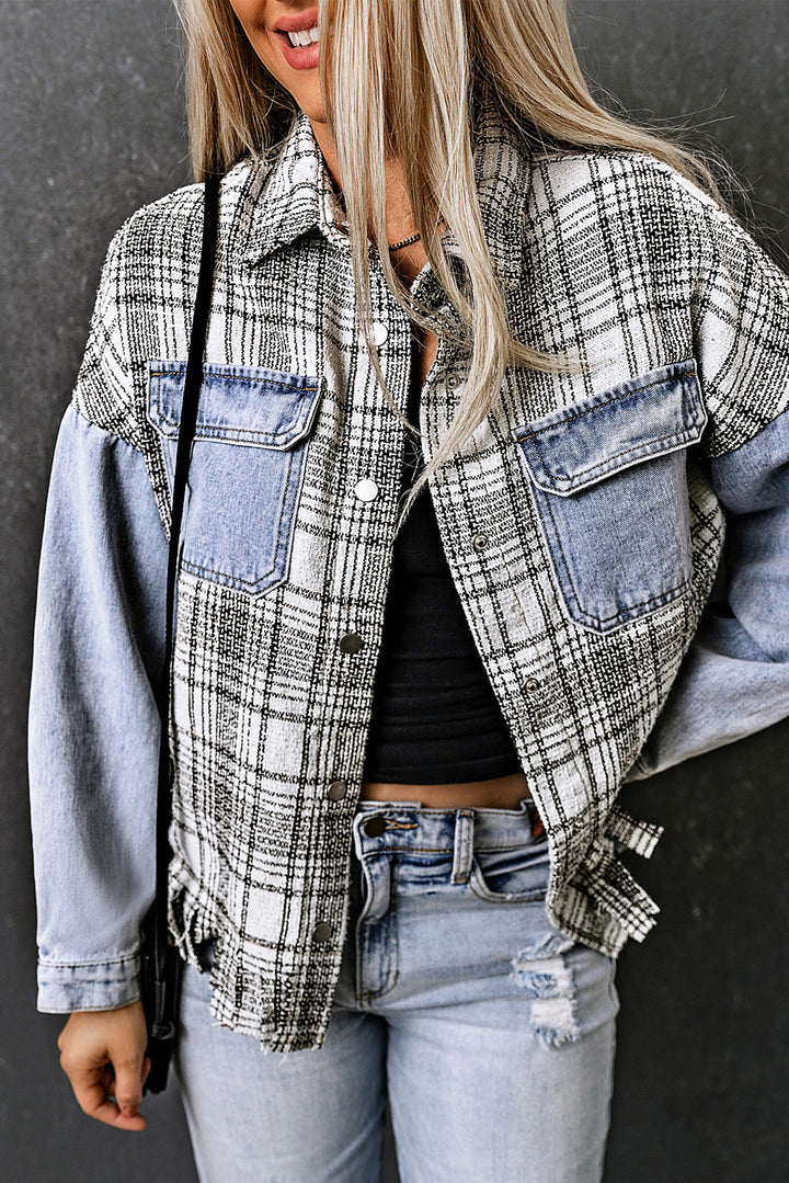 Sky Blue Plaid Patchwork Fringed Flap Pockets Denim Jacket