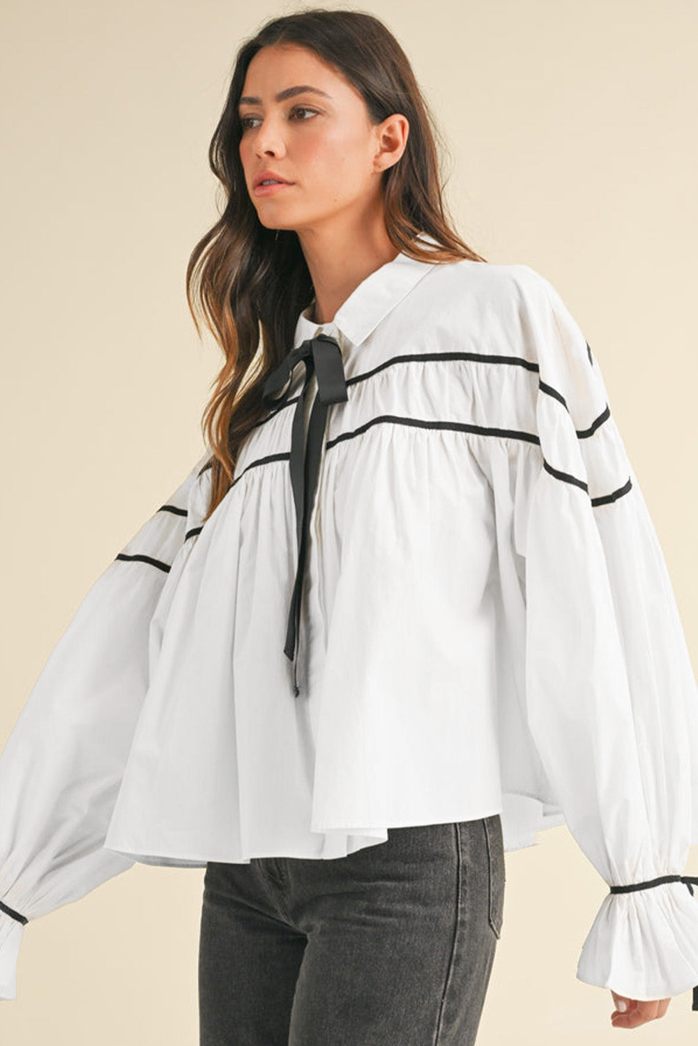 White Black Pipping Ribbon Bowtie Collared Ruffled Puff Sleeve Shirt