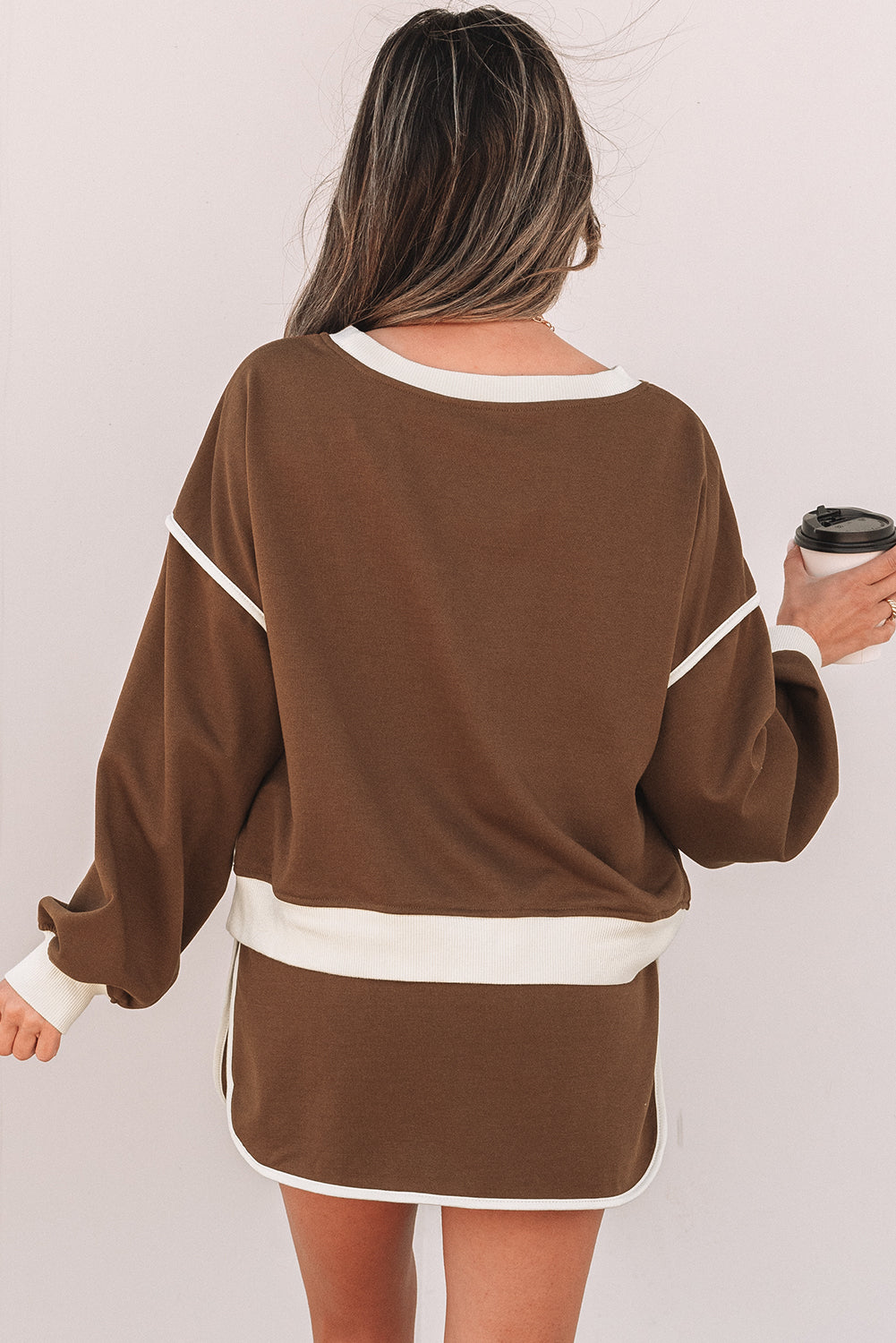 Coffee Color Contrast Loose Pullover and Lace-up Waist Skort Set