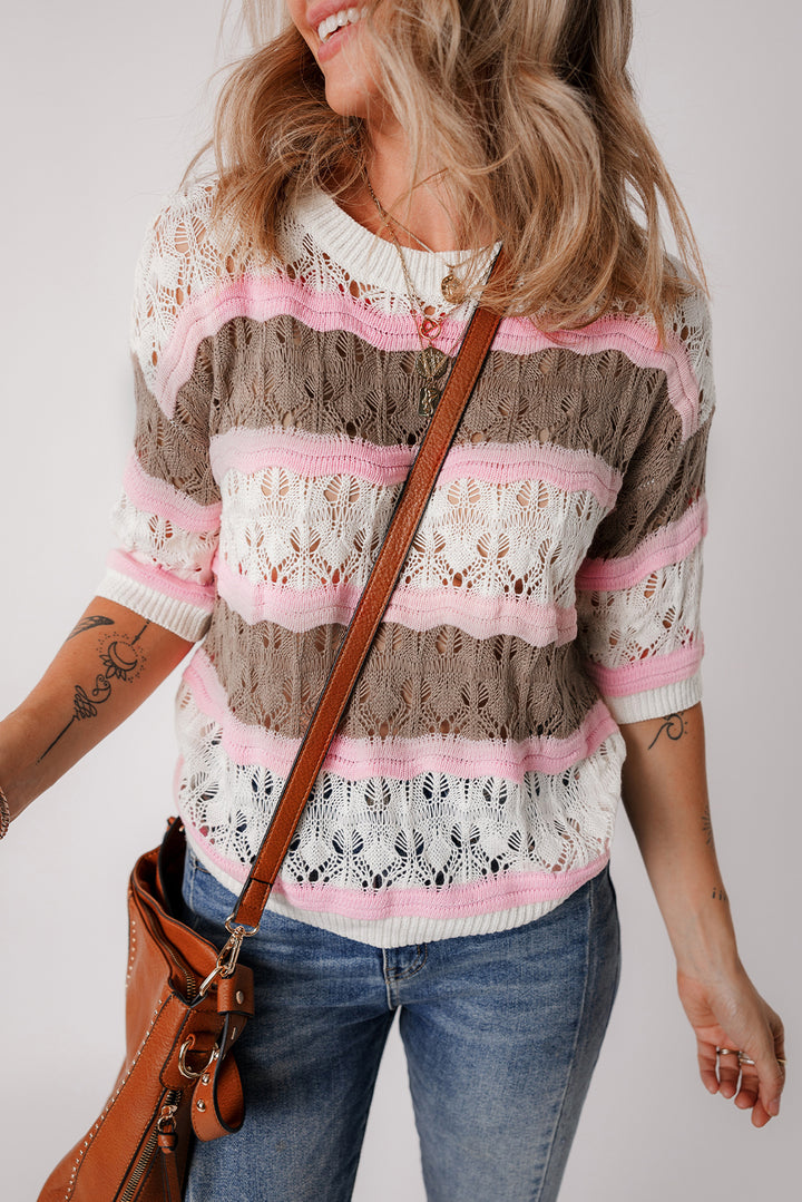 Brown Stripe Color Block Hollow Out Crochet Half Sleeve Sweater