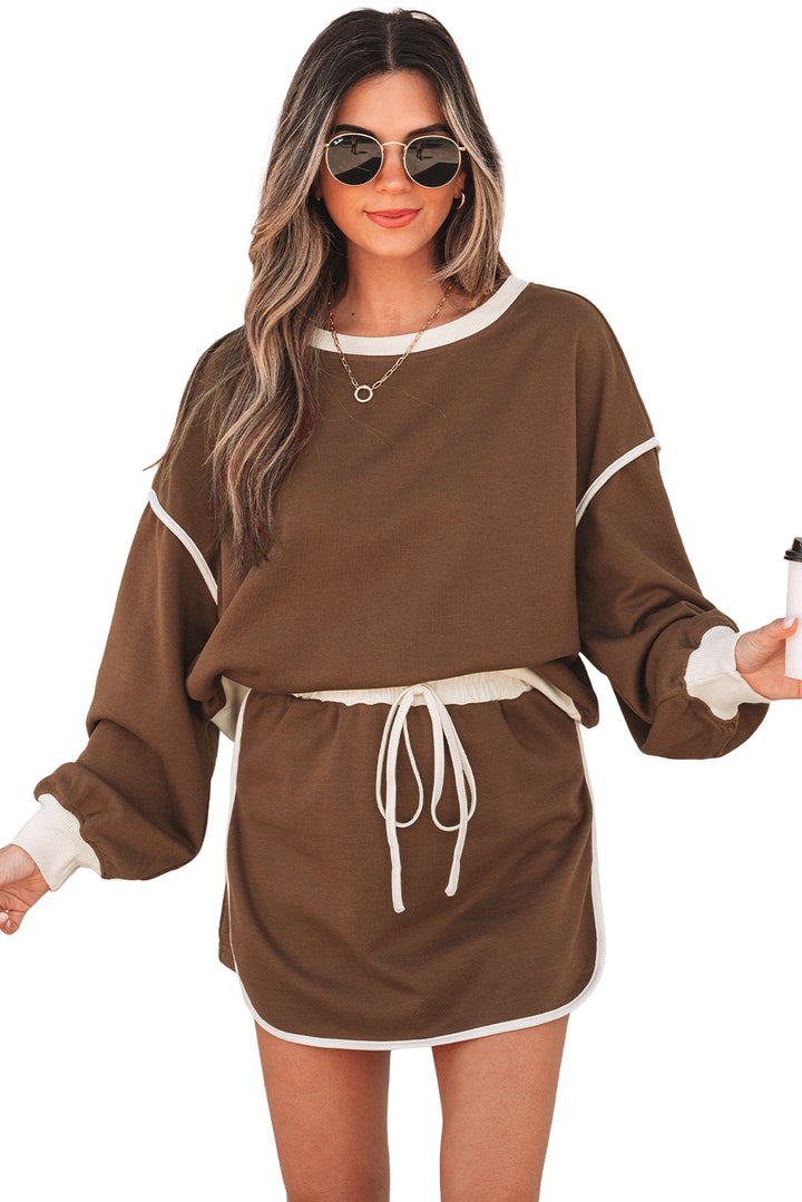 Coffee Color Contrast Loose Pullover and Lace-up Waist Skort Set